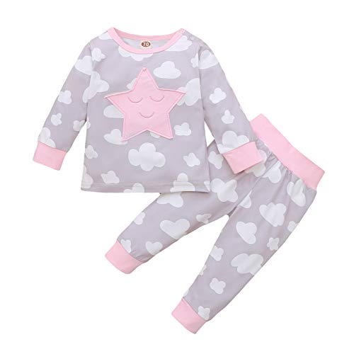 Sleepwear for Toddler Baby Girl,Star Moon Cloud Embroider Tops+Pants Pajamas Sleepwear Outfits Gray