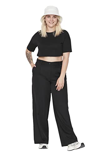 Trendyol Damen Gerade Weites Bein Hohe Taille Hosen in Plus Size Calzoncillos, Black, 48 Grande De Las Mujeres
