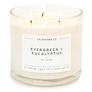 Calyan Wax Soy Wax Candle, Evergreen Eucalyptus, 3 Wick Scented Candle for The Home | Premium Candle with Essential Oils | 14.9 oz Soy Wax, 43 Hour Burn Time, Large Candle in Glass Jar