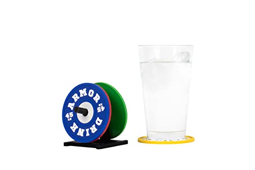 Drink Armor Weight Plate Coaster Set With Rack Holder — Mixed Colors — Non-Slip Silicone Material — Fun Gym Bumper Plate Design — Drink Coasters For Athletes And Gym Lovers — Powerlifting Gifts #TOP1
