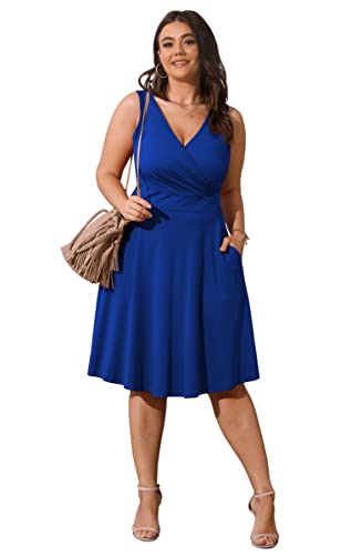 Image of POSESHE Womens Plus Size Dresses Sleeveless Wrap V-Neck Sundress Casual Summer Wedding Guest Cocktail Dress with Pockets
