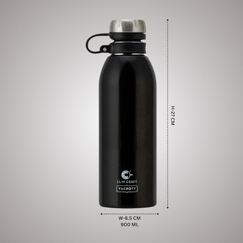 Image of Clay Craft VACBOTT Charlie Double Walled|18 Hrs Hot & 24 Hrs Cold Water Bottle-900ML, 2-Piece(Black) Leak Proof|Easy to Carry|Gym Bottle|Home|Kitchen|Hiking|Travel Bottle|BIS Certified
