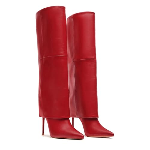 femflame Fold Over Boots For Women Fur Wide Calf Boots For Women Stiletto Heel Furry Side Zipper Pointed Toe Party Evening Tall Red Boot