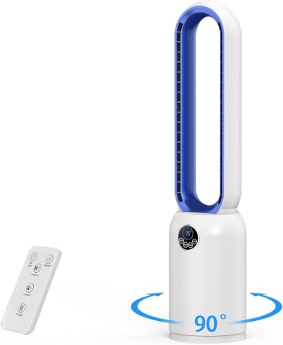 Husgw Ventilateur Sans Pale Silencieux, 24 Vitesses Ventilateur Colonne avec Purificateur d’air HEPA, Ventilateur sur Pied Oscillation à 90°, Écran LCD,...