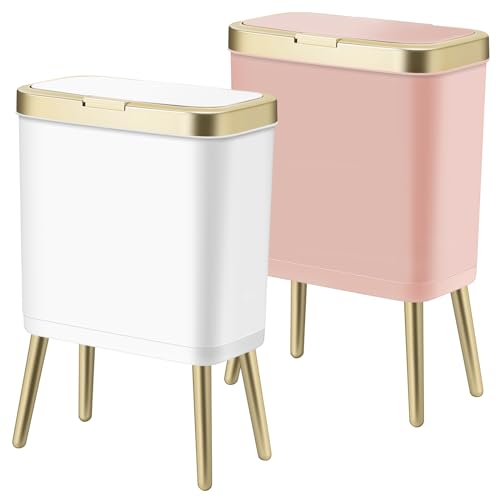 Procade PR-0418 2Pack Office Trash Can With Lid, Bathroom Garbage Bin With Gold Edge, Modern Pink Trash Can For Bedroom, Slim Waste Basket Plastic Trash Bin For Room,Kitchen cover