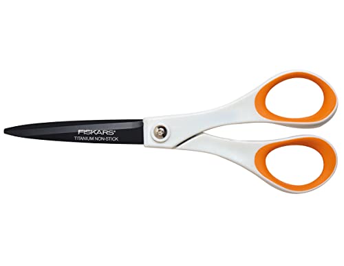 Fiskars Antihaft-Universalschere, Länge: 18 cm, Für Rechts- und Linkshänder, Titan-Beschichtung/Rostfreie Stahl-Klinge/Kunststoff-Griffe, Weiß/Orange, 1004720