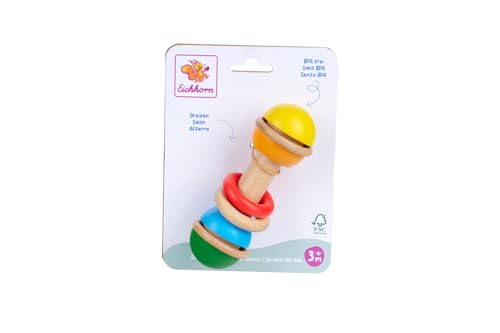 Eichhorn Baby Greifling Rasselstab - Greifspielzeug mit Rasselfunktion aus Holz und Silikon, fördert Motorik und Hören, FSC zertifiziertes Buchenholz, 13x4,5 cm, ab ...