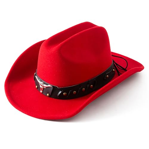 Lanzom Cowboy Hat for Women and Men with Shapeable Wide Brim Felt Western Hats for Cowboys and Cowgirls (US Alpha Medium Large Red)