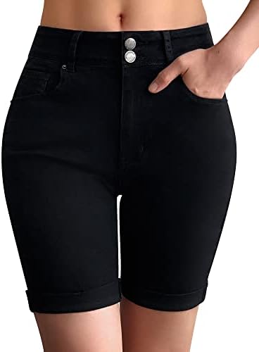 roswear Women&#39;s Mid Rise Skinny Butt Lifting Stretchy Bermuda Jeans Shorts