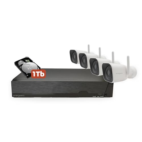 Energeeks - Grabador NVR - 4 Cámaras de Exterior Incluidas - 16 Canales - Disco Duro 1TB - Grabación 24/7 - Compatible con ONVIF y Conexión RJ45