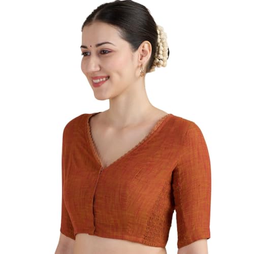 Image of Studio Shringaar Women's Handloom Cotton Side Stretchable (Smocked) Readymade Saree Blouse with Crochet Neckline