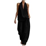 Mfhmom Zweiteiler Damen Sommer Leinen Outfit Hosenanzug Elegant Musselin Set Casual V-Ausschnitt Oberteil und Weite Hose mit Taschen Baumwolle Freizeitanzug Lounge Kleidung (02,L)