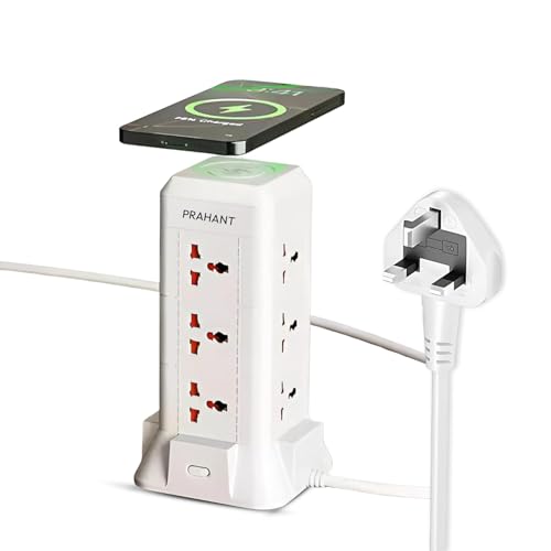 Image of 16 in 1 Universal Multi Sockets Tower Extension Boards,12 Sockets,2 USB Port,1 Type C Port,with Surge Protection,Smart Energy Saving,1.8M Extension Cords,with Wireless Charging Point