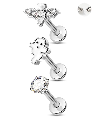 Jewseen Halloween Cartilage Earring Stud Internally Threaded Helix Piercing Jewelry Surgical Steel Flat Back Earrings Set 16G Bat Tragus Piercing Jewelry Labret Stud for Women