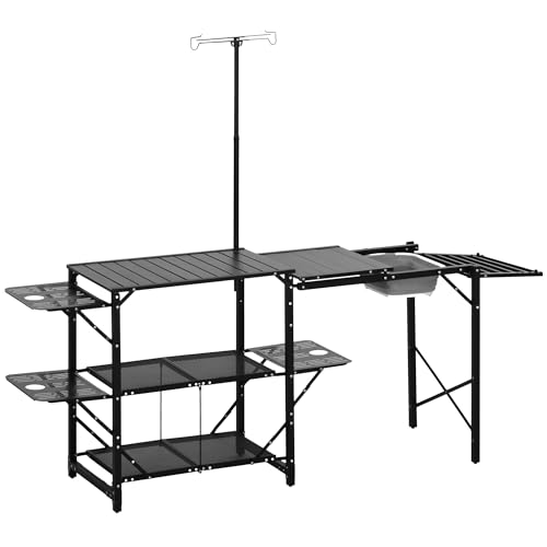 Outsunny Mesa de Cocina de Camping de 3 Niveles, Mesa de Camping Plegable Portátil con Fregadero, Estantes de Almacenaje, Soporte para Lámpara, Bolsa de Transporte para Exterior 173x52x80 174 cm Negro