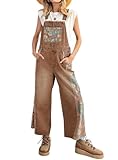 chouyatou Women's Loose Adjustable Strap Denim Bib Overall Floral Wide Leg Cropped Jeans Jumpsuit (X-Large, Brown)