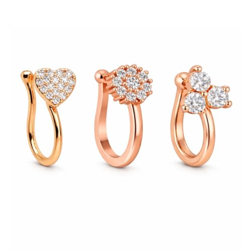 Image of Nilu's Collection Rose Gold American Diamond Non Piercing Nose Pin for Women | Elegant Flower Nose Stud | Minimal Clip-On Nose pin | Anti-Allergy | Anti-Tarnish | Office Wear | Daily Wear | office Wear | Non Piercing