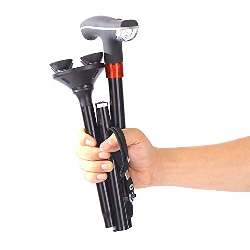 Bastón para Caminar Ancianos Bastón Plegable para Caminar Soporte de Aluminio Muletas Telescópico Antideslizante Bastón Ajustable de Cuatro Patas con luz LED Alarma SOS Decorate
