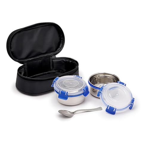 Image of Mumma's LIFE Stainless Steel Lunch Box with 3 Leakproof Air-Tight Stainless Steel Round Containers and Cover Bag | Stainless Steel & Spill Proof Lunch Box (Foodie 350ml X 2)