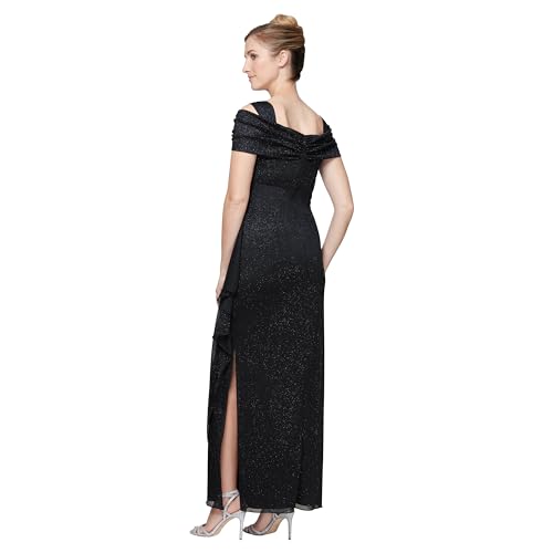 Image of Alex Evenings Women's Long Cold Shoulder Dress, Mother of The Bride, Formal Events, Black Glitter, 12 Petite