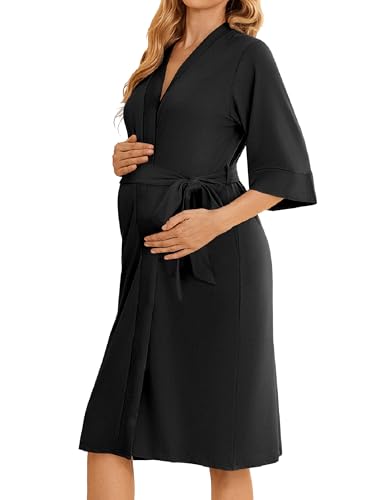 Image of Ekouaer Womens Maternity Nursing Robe for Hospital V Neck Pregnancy Bathrobes 3/4 Sleeve Labor Delivery Nightgowns