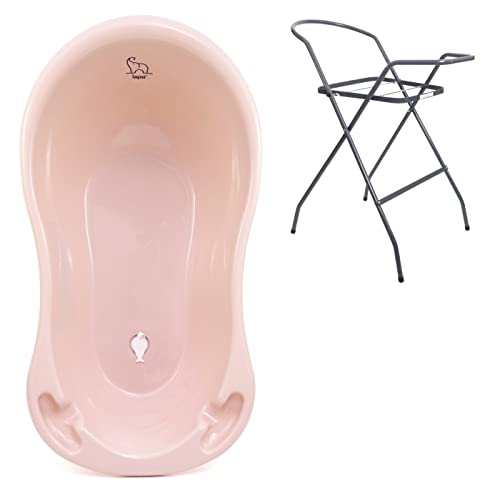 LAPSI® Ensemble 2 Pièces Baignoire Bébé Ergonomique Avec Bouchon Petit 86cm, Baignoire Confortable + Cadre De Support, Cadre De Bain Sûr Et Stable, Baignoire 0-12 Mois, Motif Éléphant, Rose/Graphite