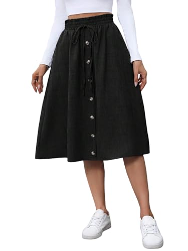 EARKOHA 2025 Skirt for Women Denim A-Line Skirt Autumn Loose Fit Button Midi Skirts Black XL