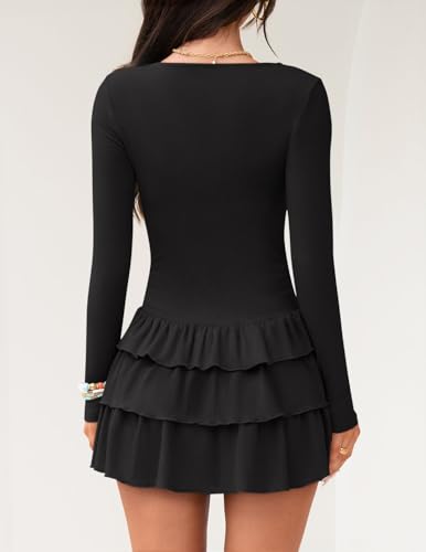 ZESICA Womens Long Sleeve Bodycon Mini Dress Ribbed Knit Crew Neck Ruffle Tiered Flowy Cocktail Party Dresses4