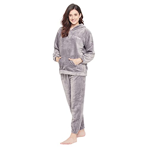 Image of CAMEY Women Winter Full Sleeve Top and Pajama Pants Regular Fit Night Suit Hooded Top and Pyjama Set Ladies Night Dress (Free Size, Grey)