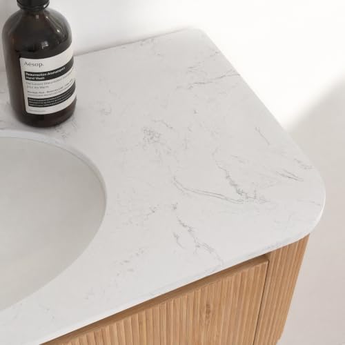 Image of 42 Inch Wall Mounted Bathroom Vanity with Ceramic Sink, Pre-Assembled Floating Vanity Cabinet with Cararra Artificial Countertop, Wave Texture Finish & Drawer, Wood