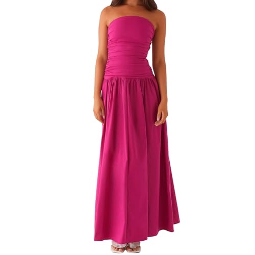 Image of Women Tube Top Maxi Dress Summer Strapless Backless Bodycon Long Bandeau Dress Elegant Off Shoulder A Line Dresses