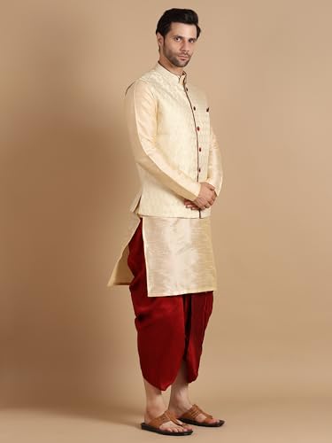 Image of Men's Silk Blend Solid Kurta Dhoti Set with Designer Ethnic Nehru Jacket