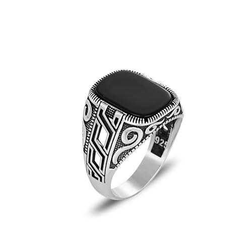 Linked Chain Design Onyx Stone Silver Ring, 925 Sterling Silver Mens Ring for Men, Handmade Silver Ring with Black Onyx Stone, Black Stone Ring, Gift for Men