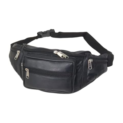 RAS Unisex Black Leather Large Travel Money Pouch Waist Bum Bag Adjustable Belt Strap 1006 (Black) Cover