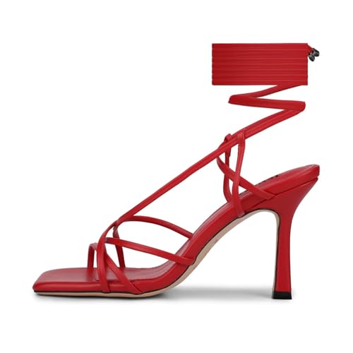 Image of ISNOM Lace Up Heels Sandals for Women - Square Open Toe, Stiletto High Heel
