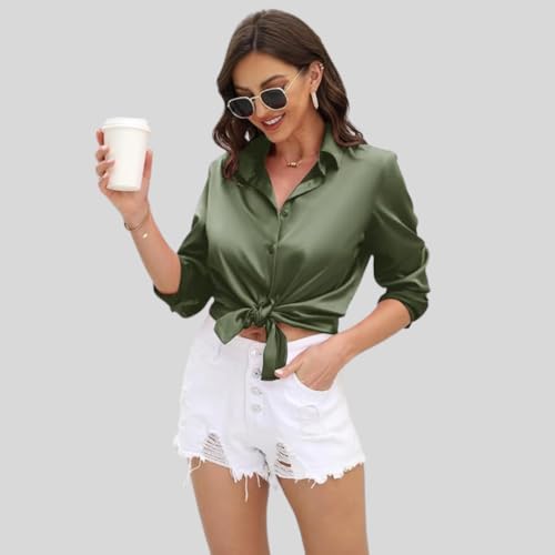 Image of IndoPrimo Women's Satin Shirt with Spread Collar Neck Line Solid Pattern Full Sleeves Regular Fit Western Style and Standard Length