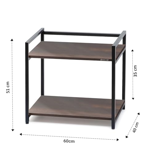 Image of wow craft 2-Layer Multipurpose Microwave Oven Stand & OTG Rack | Floor-Mount Kitchen Storage Shelf with Black Pipe Design | Engineered Wood & Metal Construction | Brown