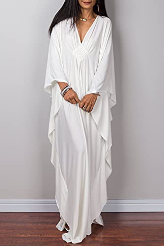 LikeJump Women Boho Kaftan Beach Cover Up Swimwear Kimono Maxi Dress Plus Size Tpos A White - Image 4