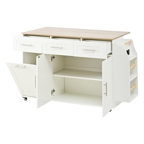 HAINEW HD26011202 - Carro de cocina con ruedas con encimera plegable y toallero, isla de cocina con estante para especias, 2 puertas y 3 cajones, armario de cocina, con sistema de separación de basura
