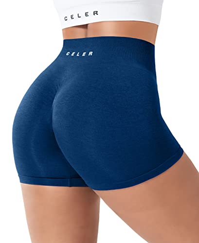 Celer Pantalones Cortos de Entrenamiento para Mujer, sin Costuras, para Gimnasio, Cintura Alta, para Yoga, Atletismo, Azul Oscuro, XS