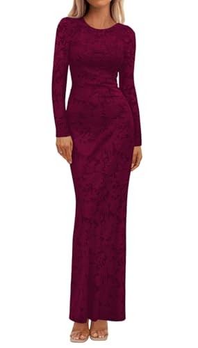 BTFBM Wedding Guest Dresses for Women 2025 Fall Elegant Floral Lace Ruched Long Sleeve Bodycon Cocktail Party Maxi Dress(Burgundy, Large)