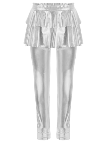 Kids Girls Metallic Leggings with Ruffle Skirt Shiny Tutu Pantskirt Tights Stretchy Pants Slim Fit Culottes4