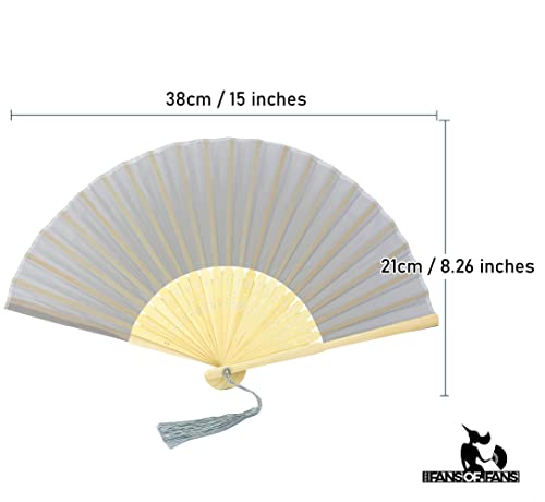FANSOF.FANS Fabric Handheld Folding Hand Fan With a Tassel Grade A Bamboo Ribs for Women Girls Summer Party Event Favor Birthday Wedding Souvenir Gift (Baby Grey)