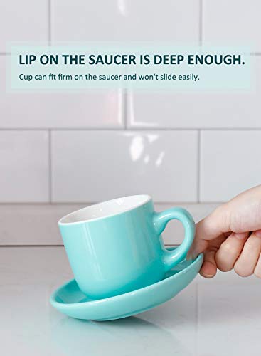 Teocera Porcelain Cappuccino Cups with Saucers - 6 Ounce for Coffee Drinks, Latte, Cafe Mocha and Tea - Set of 6, Turquoise - Thumbnail 2