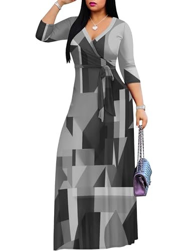 Image of Womens Plus Size Maxi Dresses Casual 3 /4 Sleeve Sundress Fall Wedding Guest Dress with Belt