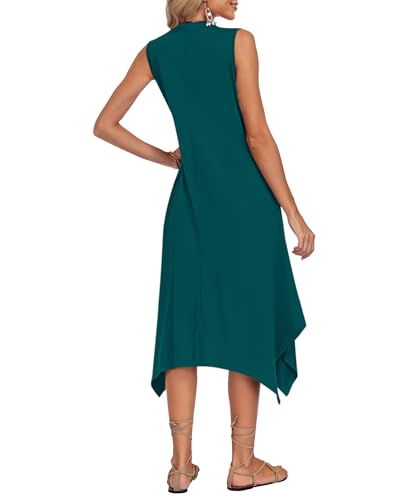 Image of AUSELILY Womens Summer Midi Dress V Neck Sleeveless Casual with Pockets | Flowy womens summer dress with asymmetrical hem, great for beach, vacation and daily wear