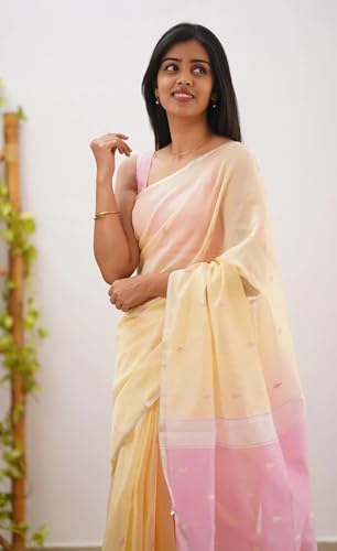 Image of Women's Cotton Woven Soft Sarees With Attach Blouse Piece.