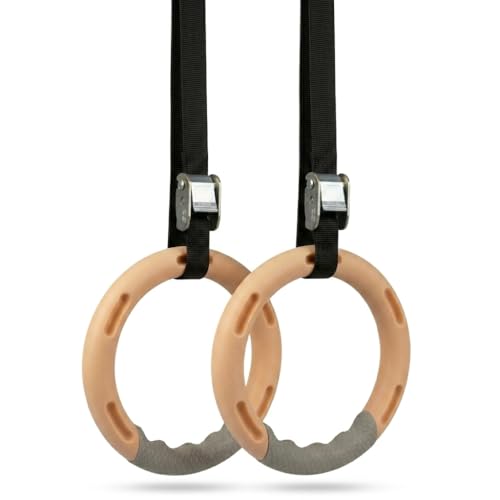 Image of Leosportz Gymnastics Rings with Straps for Men Women | Anti-Slip Textured ABS Plastic Rings with Cam Buckles | Roman Rings for Calisthenics Traininig (Beige)