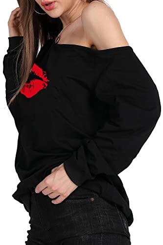 Image of MAGICMK Woman's Sweatershirt Lips Print Causal Blouse Off The Shoulder Long Sleeve Loose Slouchy Pullover Plus Size Tops