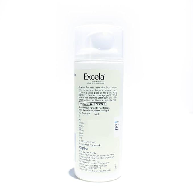 Image of Excela Moisturiser for Oily & Acne Prone Skin, Reduces Sebum Secretion, Non-Comedogenic, Matte Feel, Fragrance Free, Paraben Free, 50g